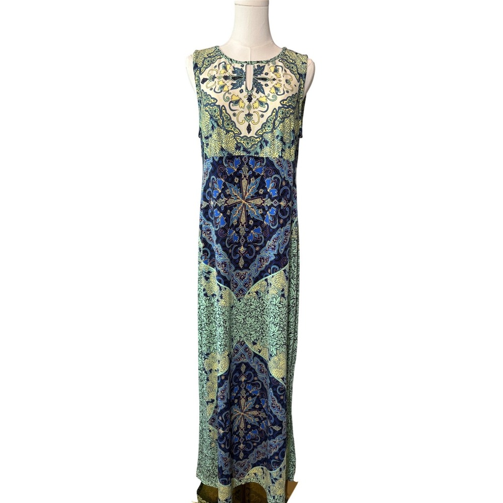 Chicos Blue Green Medallion Paisley Sleeveless Maxi Dress Size 1 Medium Boho